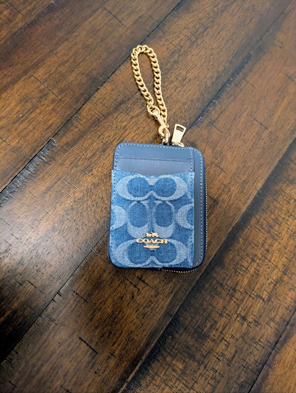 Coach Blue Denim Signature Card Holder with Gold Chain Charm